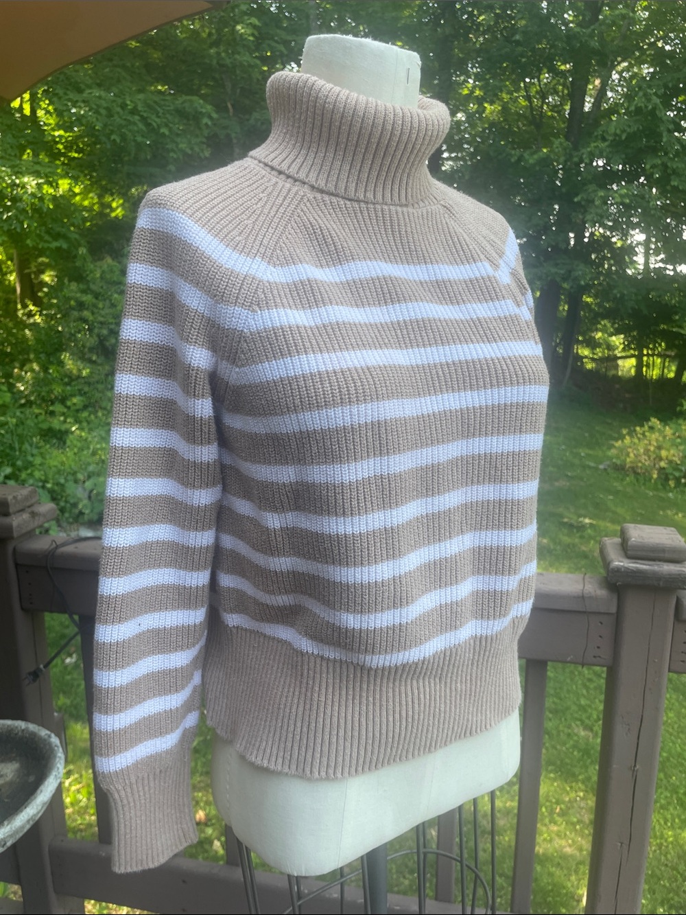 Lands' End Beige & White Striped Turtleneck Sweater